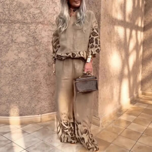 Kadın Rahat Serin Pamuk Ve Keten Leopar Desenli Baskılı İki Parçalı Takım