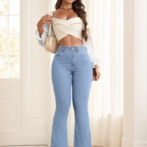 Kadın Düğmeli Ön Cep Basit Tasarım Rahat Kot Uzun Pantolon